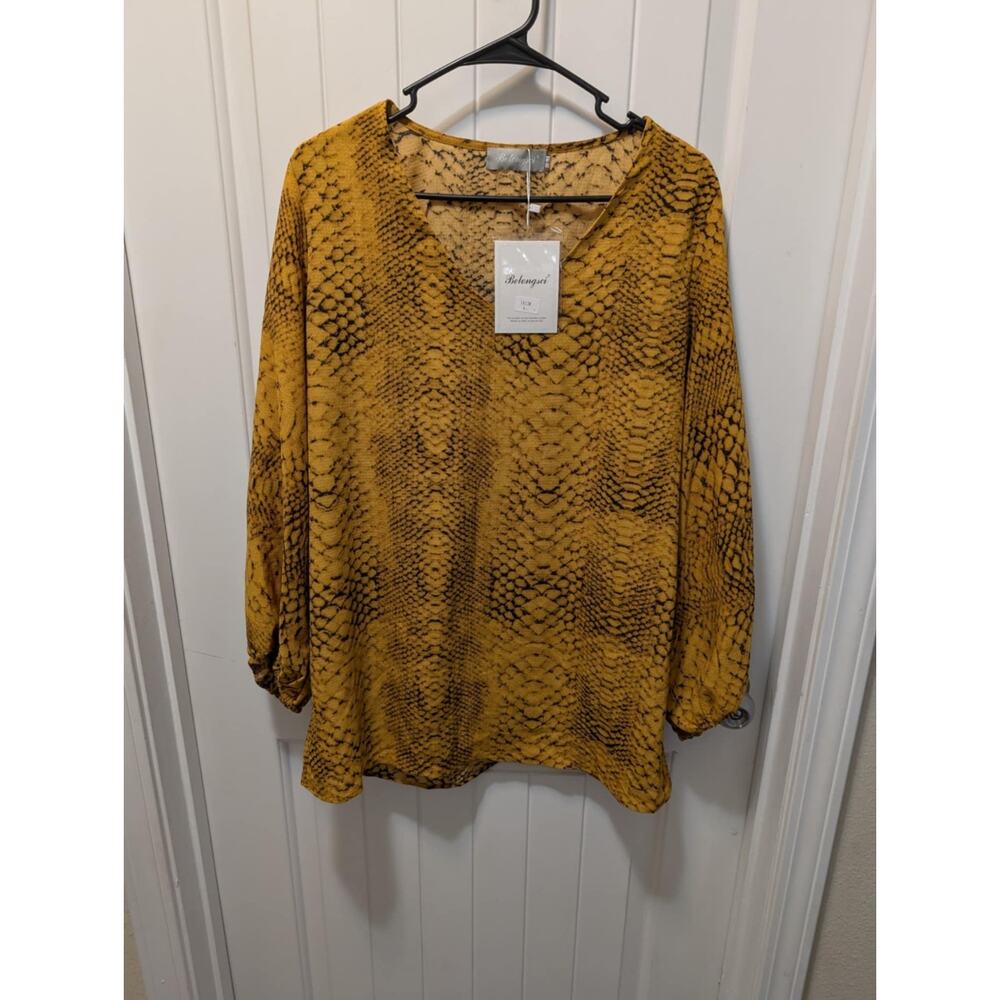 Belongsci Yellow Black Blouse Snake Print Size L Long Sleeve Top V-Neck NWT!